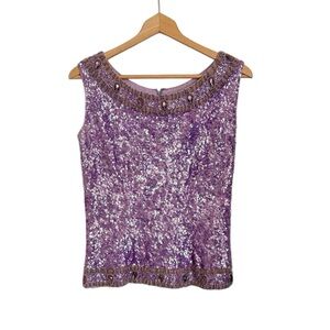 Vintage Cardell Wool Purple Sequin Rhinestone Sleeveless Evening Formal Top sz S